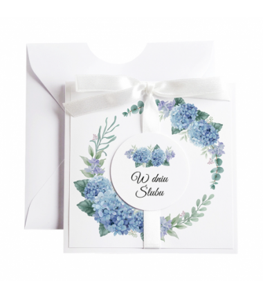 Kartka Okolicznościowa na Ślub - Biała Vintage Wianek - Niebieska Hortensja