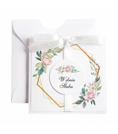 Kartka Okolicznościowa na Ślub - Biała Vintage Wianek - Heksagon i Róża