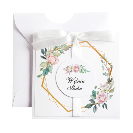 Kartka Okolicznościowa na Ślub - Biała Vintage Wianek - Heksagon i Róża