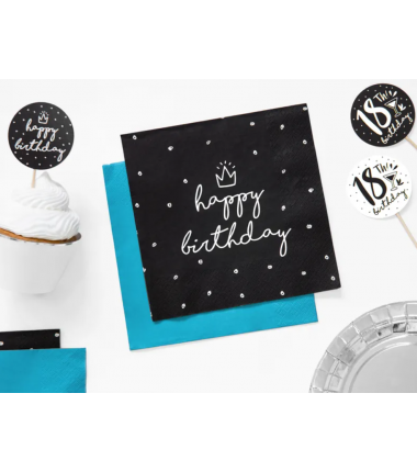 Serwetki napis Happy Birthday czarne - 20 sztuk