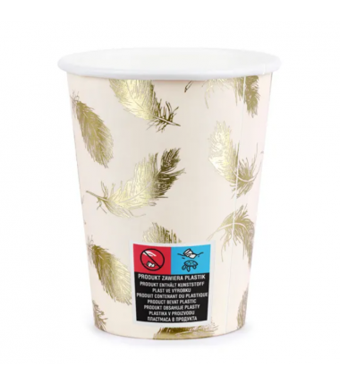 Kubeczki 220 ml jasnoróżowe w złote piórka - 6 sztuk