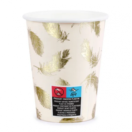 Kubeczki 220 ml jasnoróżowe w złote piórka - 6 sztuk