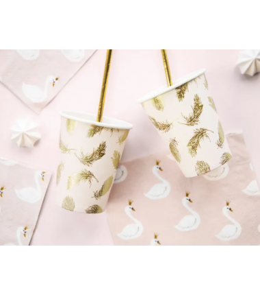 Kubeczki 220 ml jasnoróżowe w złote piórka - 6 sztuk