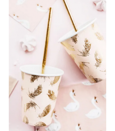 Kubeczki 220 ml jasnoróżowe w złote piórka - 6 sztuk