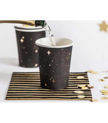 Kubeczki 260 ml czarne w złote gwiazdki - 6 sztuk