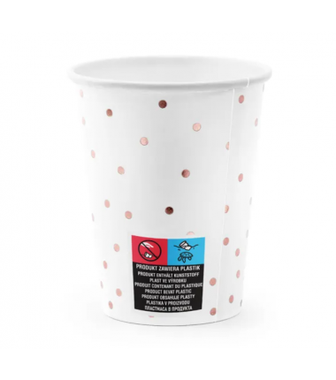 Kubeczki 260 ml białe w różowozłote kropki - 6 sztuk