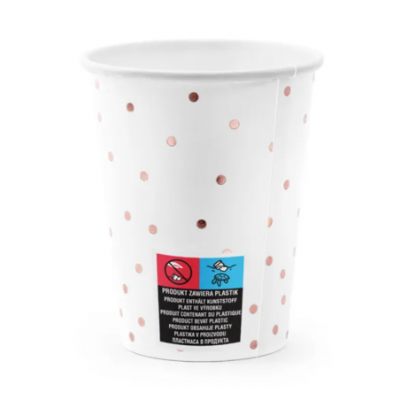 Kubeczki 260 ml białe w różowozłote kropki - 6 sztuk