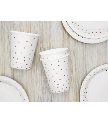 Kubeczki 260 ml białe w różowozłote kropki - 6 sztuk