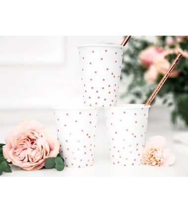 Kubeczki 260 ml białe w różowozłote kropki - 6 sztuk