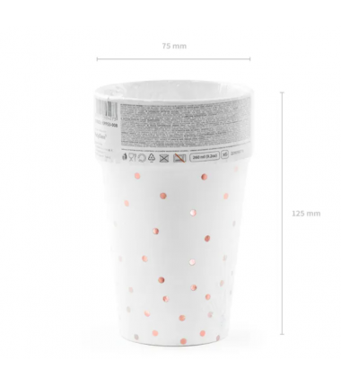 Kubeczki 260 ml białe w różowozłote kropki - 6 sztuk