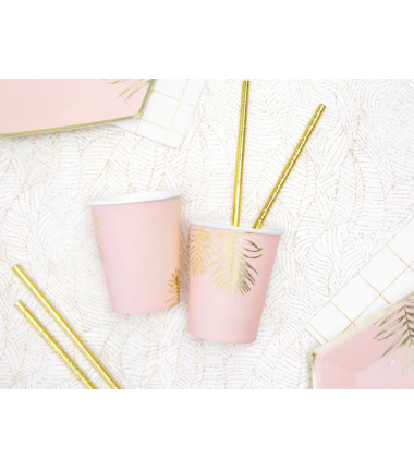 Kubeczki 220 ml jasnoróżowe w złote liście - 6 sztuk