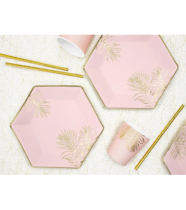 Kubeczki 220 ml jasnoróżowe w złote liście - 6 sztuk