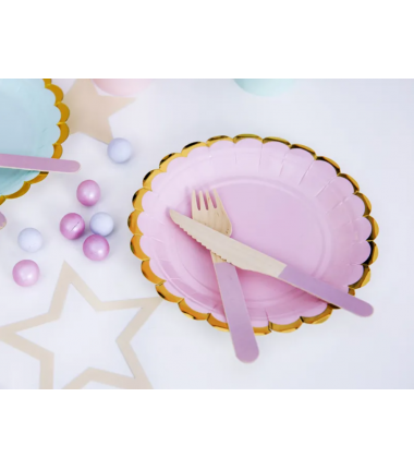 Talerzyki jasnoróżowe ze złotą ramką 18cm - 6 sztuk