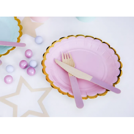 Talerzyki jasnoróżowe ze złotą ramką 18cm - 6 sztuk