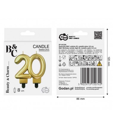 Świeczka złota metaliczna - cyfra 20