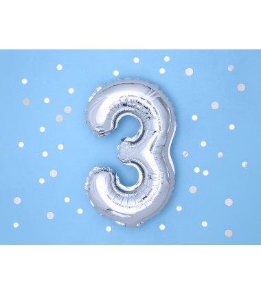 Balon foliowy Cyfra 3 - 35 cm - Srebrny