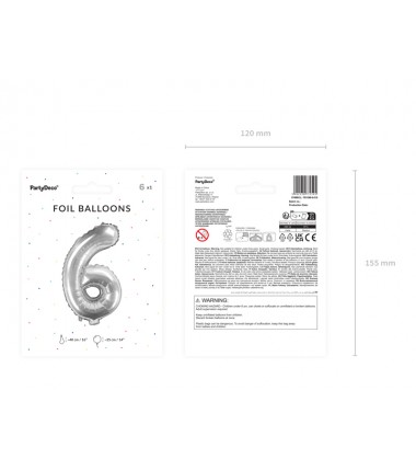 Balon foliowy Cyfra 6 - 35 cm - Srebrny