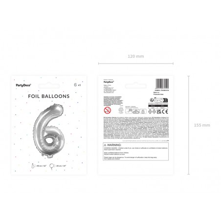 Balon foliowy Cyfra 6 - 35 cm - Srebrny