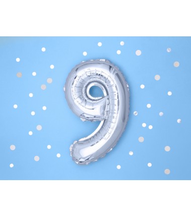 Balon foliowy Cyfra 9 - 35 cm - Srebrny