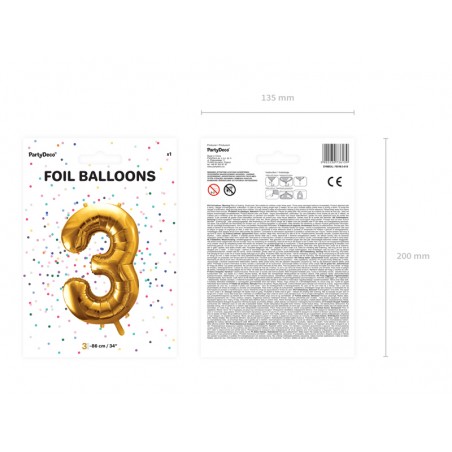 Balon foliowy Cyfra 3 - 86 cm - Złoty