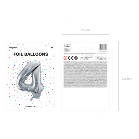 Balon foliowy Cyfra 4 - 86 cm - Srebrny