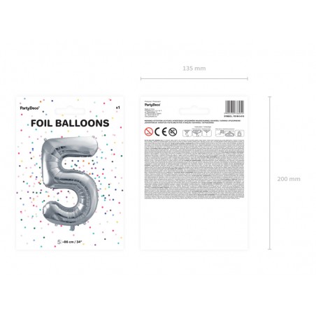 Balon foliowy Cyfra 5 - 86 cm - Srebrny