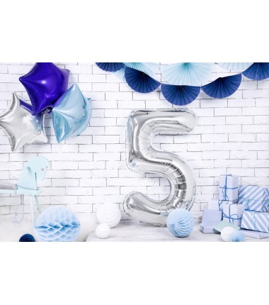 Balon foliowy Cyfra 5 - 86 cm - Srebrny