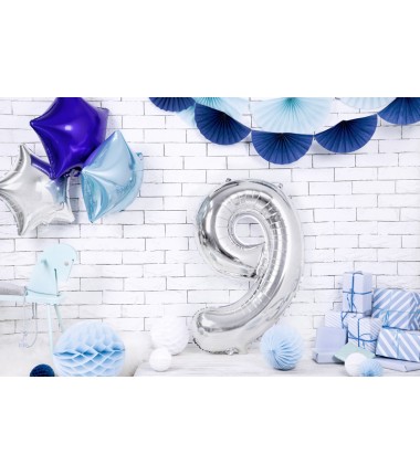 Balon foliowy Cyfra 9 - 86 cm - Srebrny