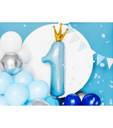 Balon foliowy Cyfra 1 z Koroną - 90 cm - Niebieski