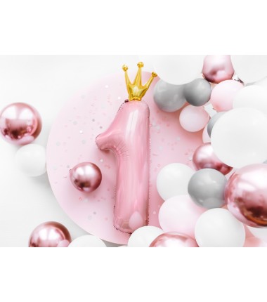 Balon foliowy Cyfra 1 z Koroną - 90 cm - Różowy