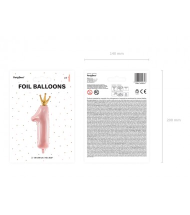 Balon foliowy Cyfra 1 z Koroną - 90 cm - Różowy