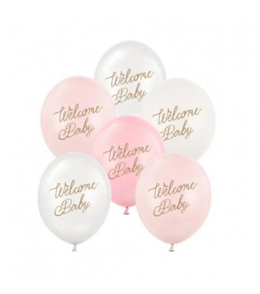 Balony nadruk 30 cm, Welcome Baby, mix różowy - 6 sztuk