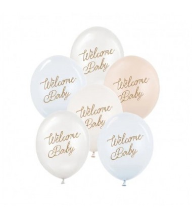 Balony nadruk 30 cm, Welcome Baby, mix niebieski - 6 sztuk