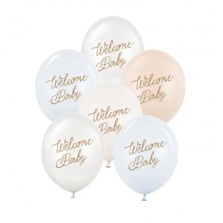 Balony nadruk 30 cm, Welcome Baby, mix niebieski - 6 sztuk