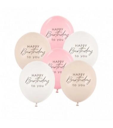 Balony nadruk 30 cm, Happy Birthday, mix różowy - 6 sztuk
