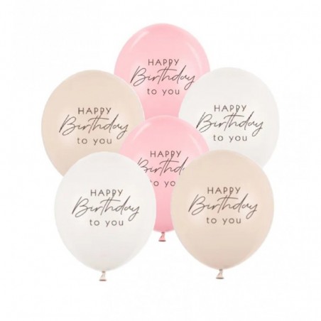 Balony nadruk 30 cm, Happy Birthday, mix różowy - 6 sztuk