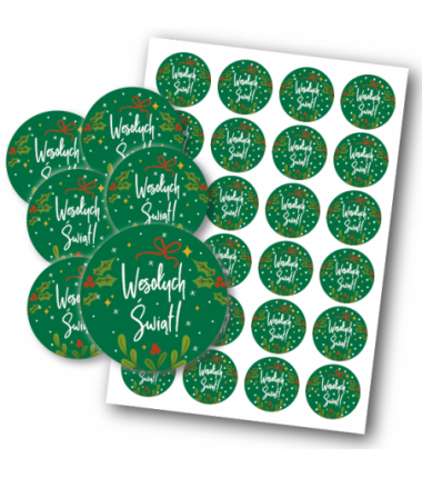 Naklejki WESOŁYCH ŚWIĄT - 4cm - zielone - 24 szt