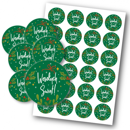 Naklejki WESOŁYCH ŚWIĄT - 4cm - zielone - 24 szt