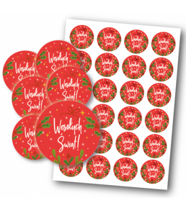 Naklejki WESOŁYCH ŚWIĄT - 4cm - czerwone - 24 szt