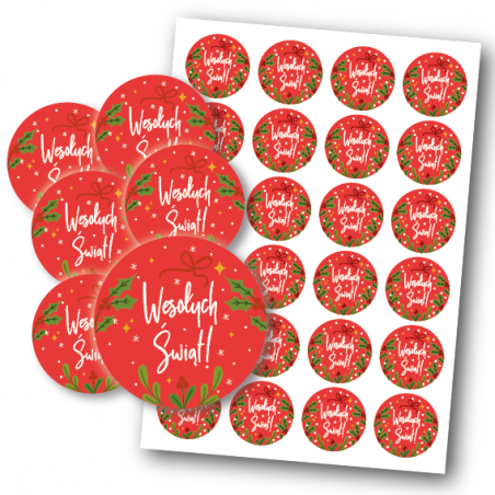 Naklejki WESOŁYCH ŚWIĄT - 4cm - czerwone - 24 szt