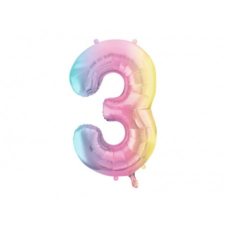 Balon foliowy Cyfra 3 - 86 cm - pastelowy tęczowy