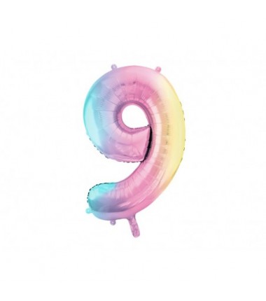 Balon foliowy Cyfra 9 - 86 cm - pastelowy tęczowy