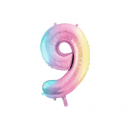 Balon foliowy Cyfra 9 - 86 cm - pastelowy tęczowy