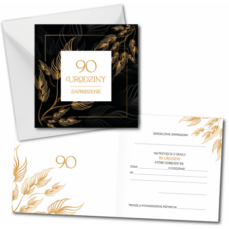 Zaproszenie do wypisania na 90 URODZINY - Złote Liście - 1 sztuka