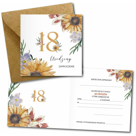 Zaproszenie do wypisania na 18 URODZINY - Słoneczniki - 1 sztuka