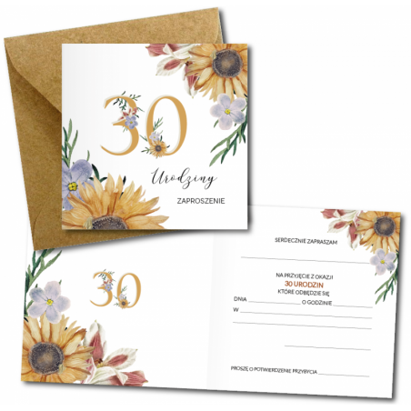 Zaproszenie do wypisania na 30 URODZINY - Słoneczniki - 1 sztuka