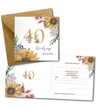 Zaproszenie do wypisania na 40 URODZINY - Słoneczniki - 1 sztuka