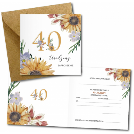 Zaproszenie do wypisania na 40 URODZINY - Słoneczniki - 1 sztuka