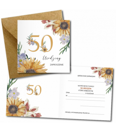 Zaproszenie do wypisania na 50 URODZINY - Słoneczniki - 1 sztuka
