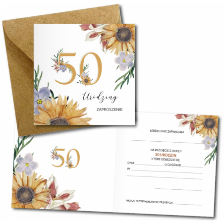 Zaproszenie do wypisania na 50 URODZINY - Słoneczniki - 1 sztuka